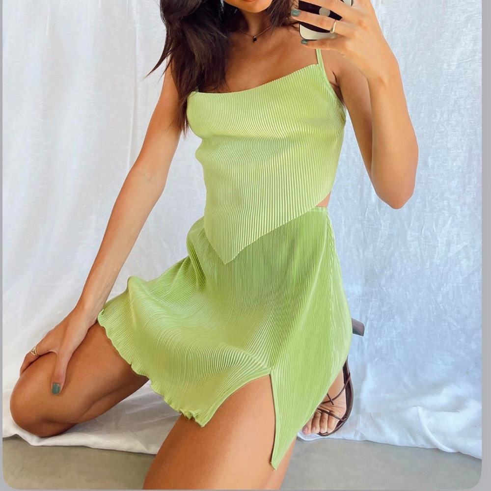 Princess Polly green plisse material halter top w/ matching mini skirt